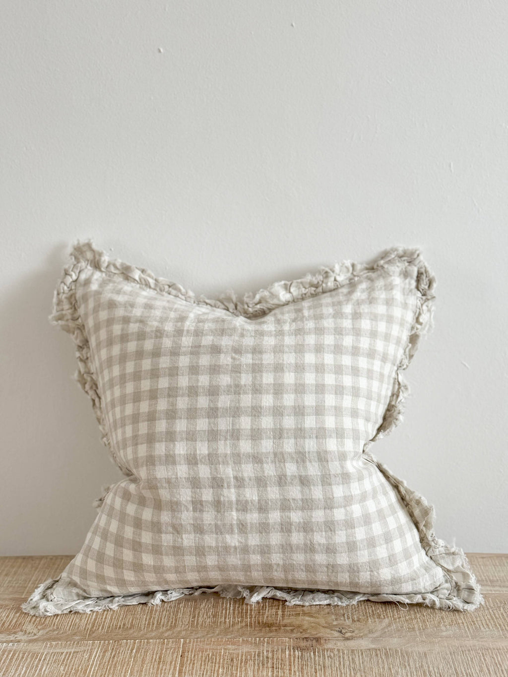 Hattie Ruffled Linen Cushion Cover Natural Gingham 45 x 45 cm with Feather Insert