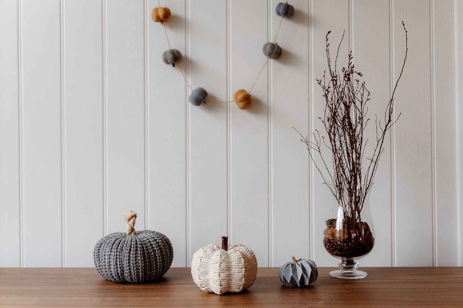 Cream Rope Pumpkin With Wooden Stalk