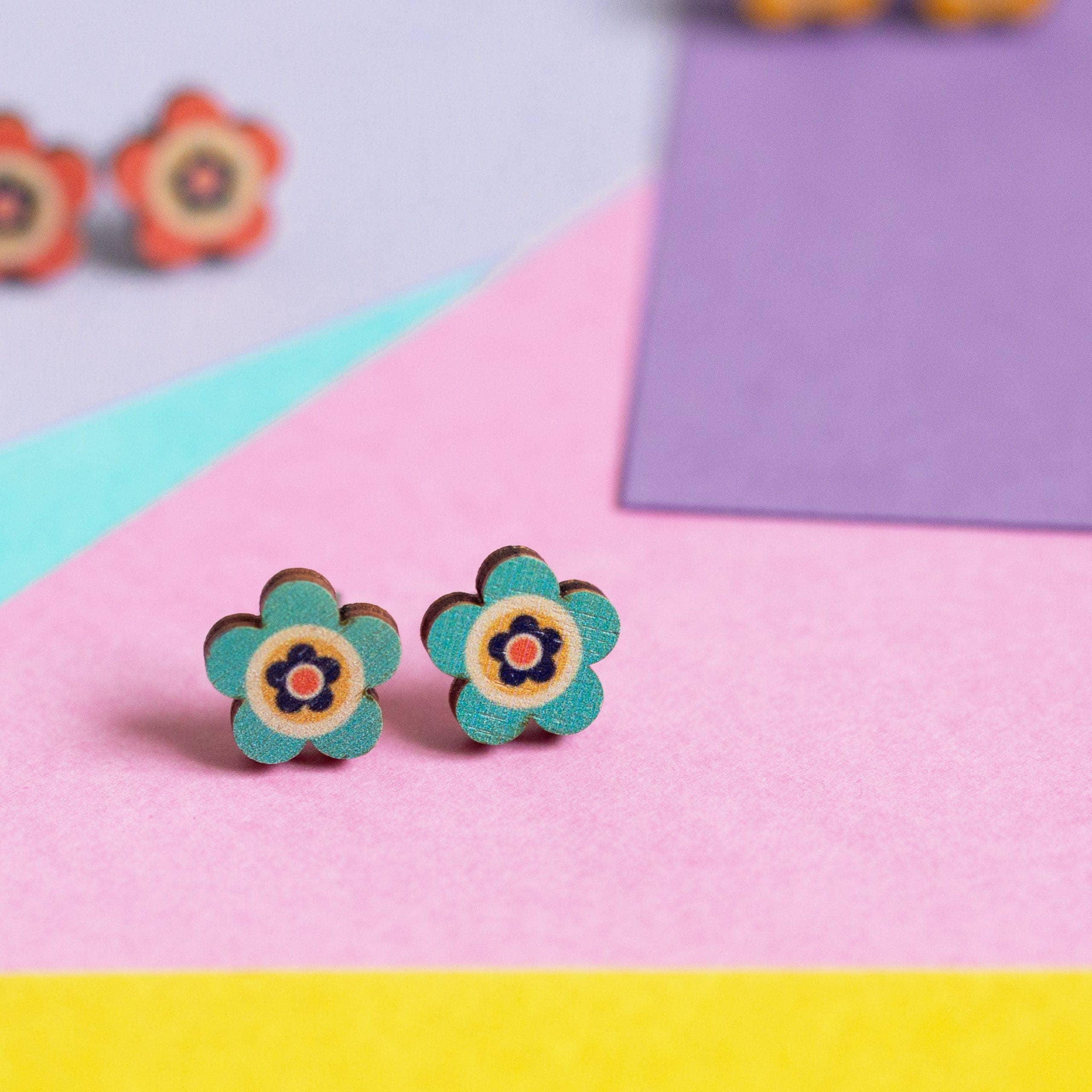 Blue Daisies - eco friendly wooden stud earringsf