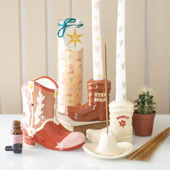 Brown Cowboy Boot Candle Holder with Taper Candle