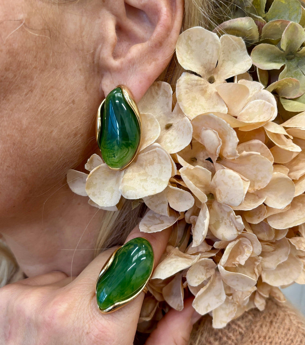 18ct Gold Plated Green Statement Resin Earrings OR28