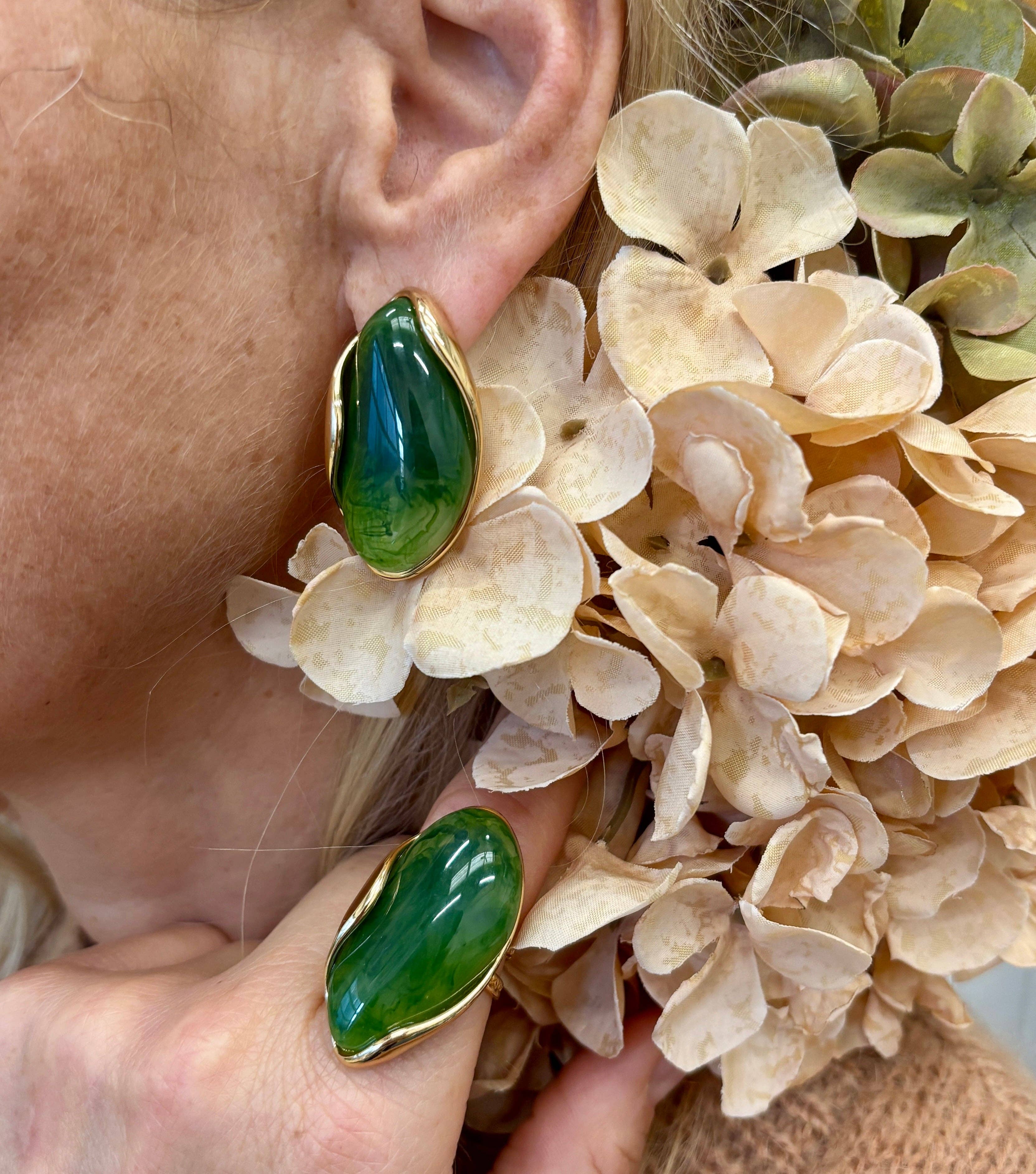 18ct Gold Plated Green Statement Resin Earrings OR28