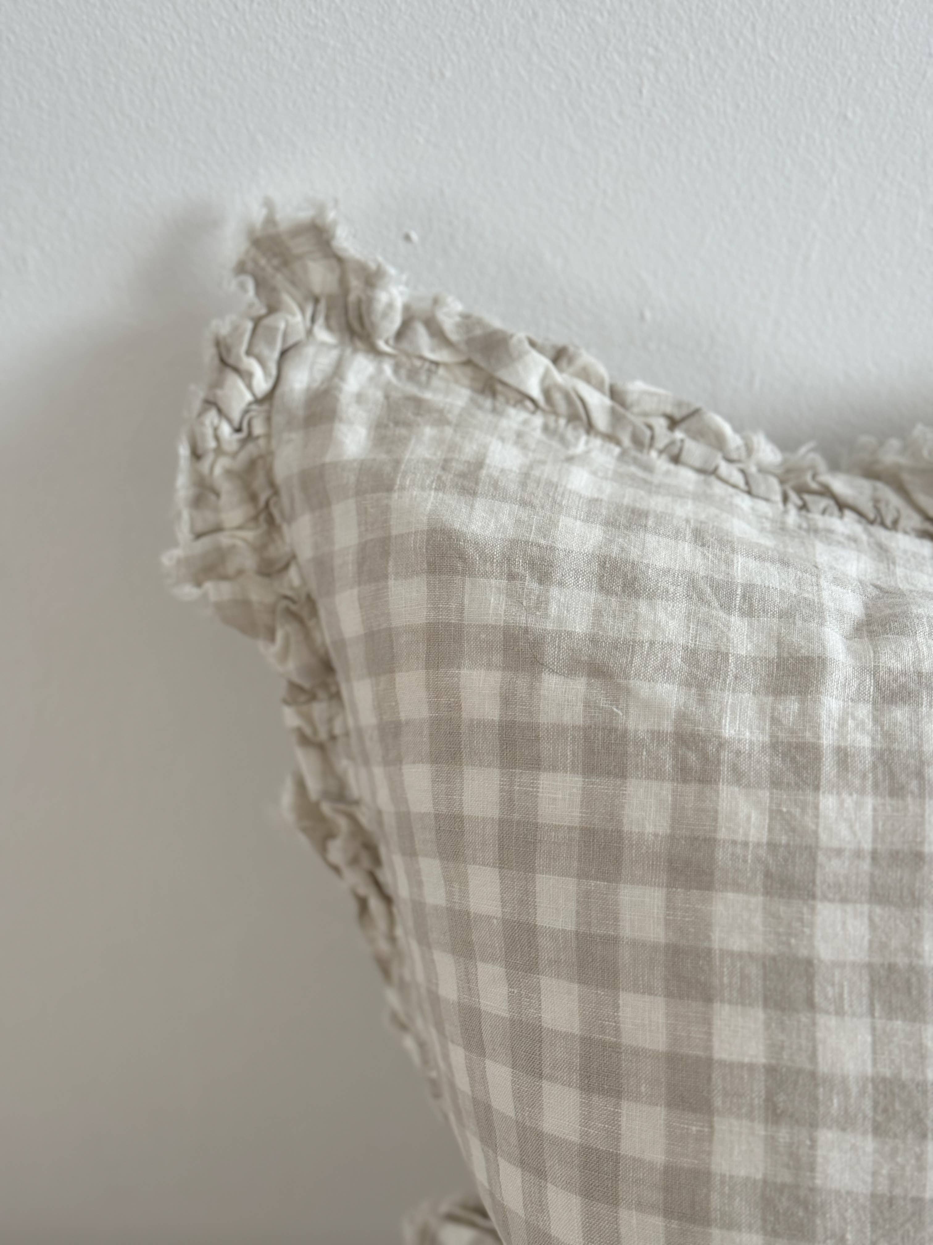 Hattie Ruffled Linen Cushion Cover Natural Gingham 45 x 45 cm with Feather Insert