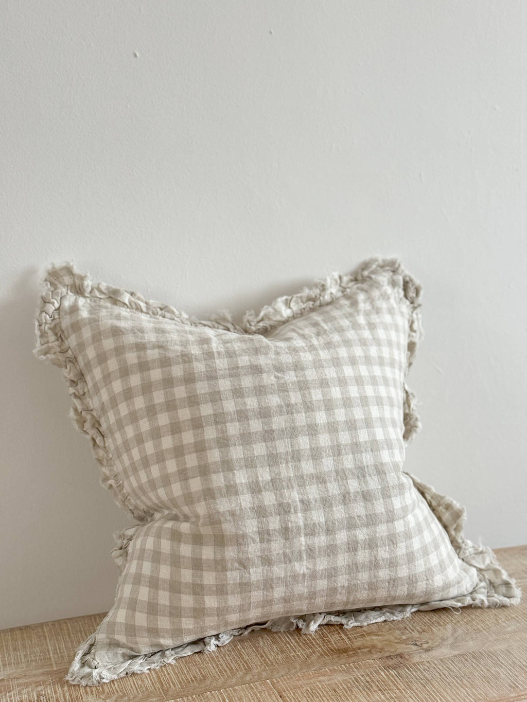 Hattie Ruffled Linen Cushion Cover Natural Gingham 45 x 45 cm with Feather Insert